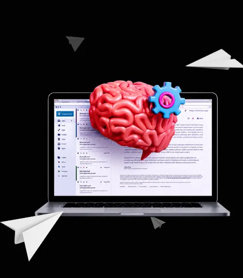 Laptop screen with an illustrated brain and gear icon representing smart email marketing strategy