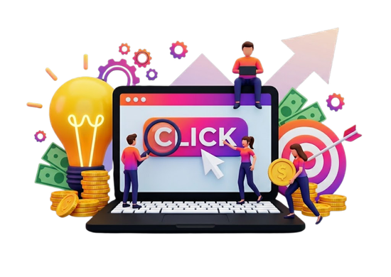 Illustration of a laptop with a pay-per-click search icon surrounded by growth, targeting, and revenue graphics