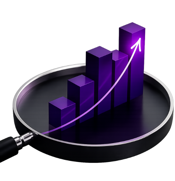 Purple 3-D bar chart with upward arrow inside a magnifying glass symbolising SEO growth