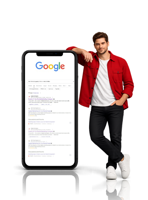 Digital marketing expert with Google search results on mobile