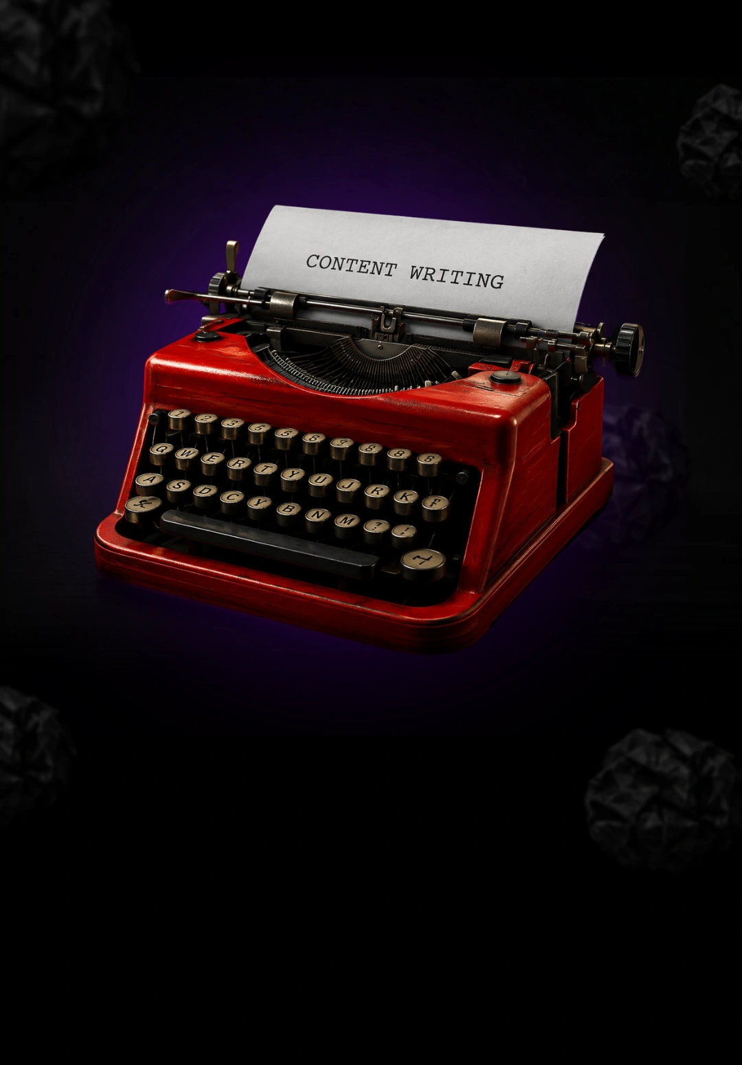 Vintage red typewriter with a page reading Content Writing