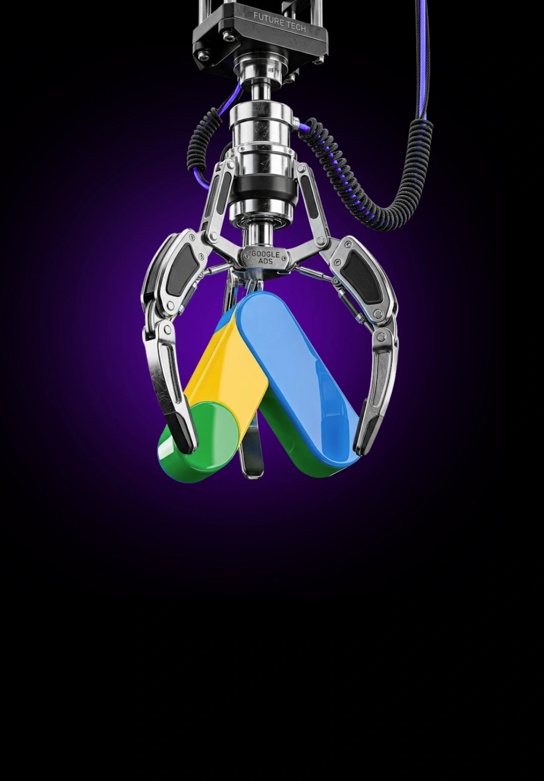 Robotic claw holding the Google Ads logo