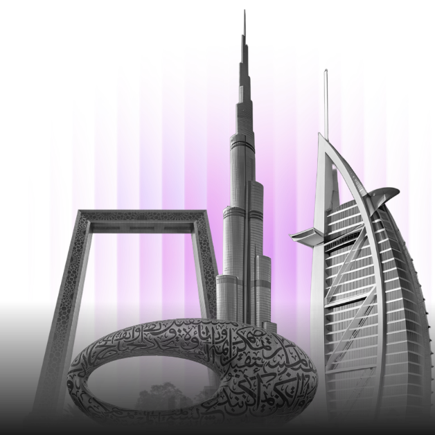 Dubai skyline collage with landmarks and purple glow