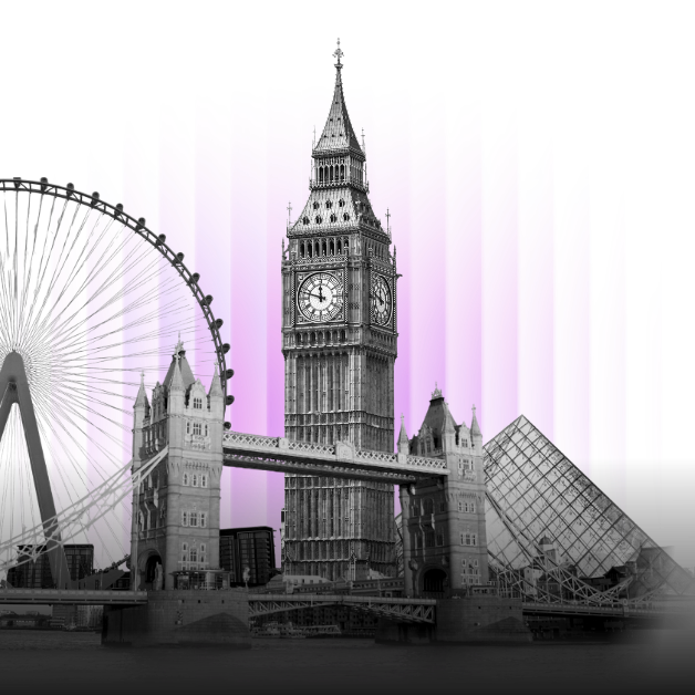 London skyline collage with Big Ben, Tower Bridge, the London Eye and purple glow