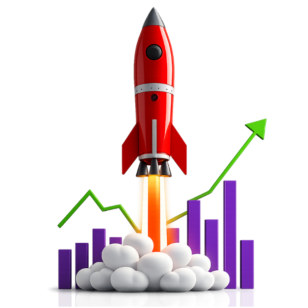 Rocket launching with growth chart and upward arrow