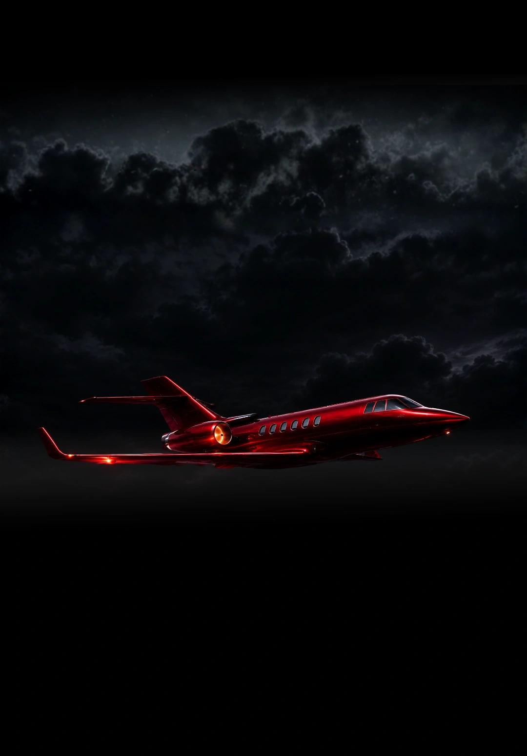 Red private jet flying through dark clouds